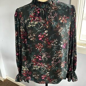 Halogen Green Ruffled Blouse with Mandarin Collar